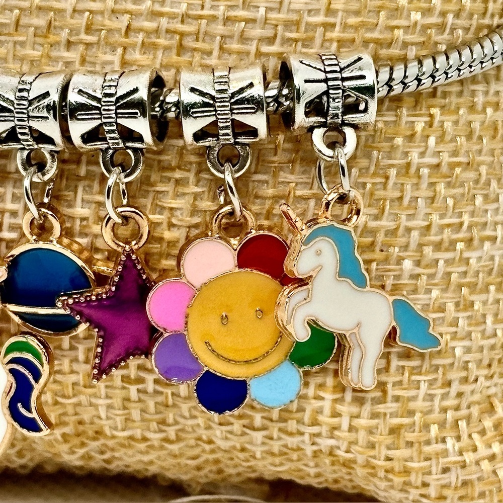 Kawaii Unicorn Rainbow Charm Pandora Style Bracelet, Colorful Enamel Charms, Y2K - Picture 6 of 16